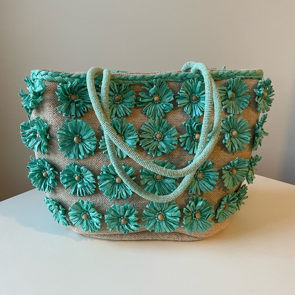 Handbags - NWT Turquoise Rafita Floral Tote Bag with Beaded Handle Straps